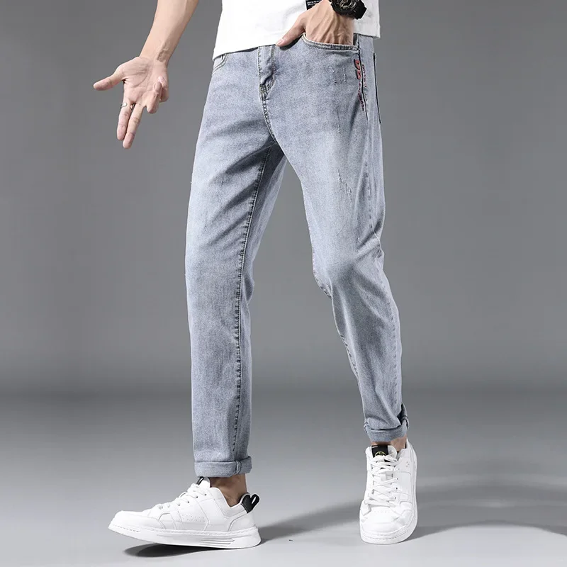 Summer Thin Black Grey Jeans For Men's Slim Fit Feet 2024 New Trend Casual Long Pants Spring And Autumn