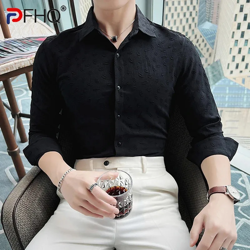 

PFHQ Men's Summer Solid Color Flower Bubble Tops Tide Thin Slim Comfortable Button Lapel Temperament Casual Shirts INS 21Z3923