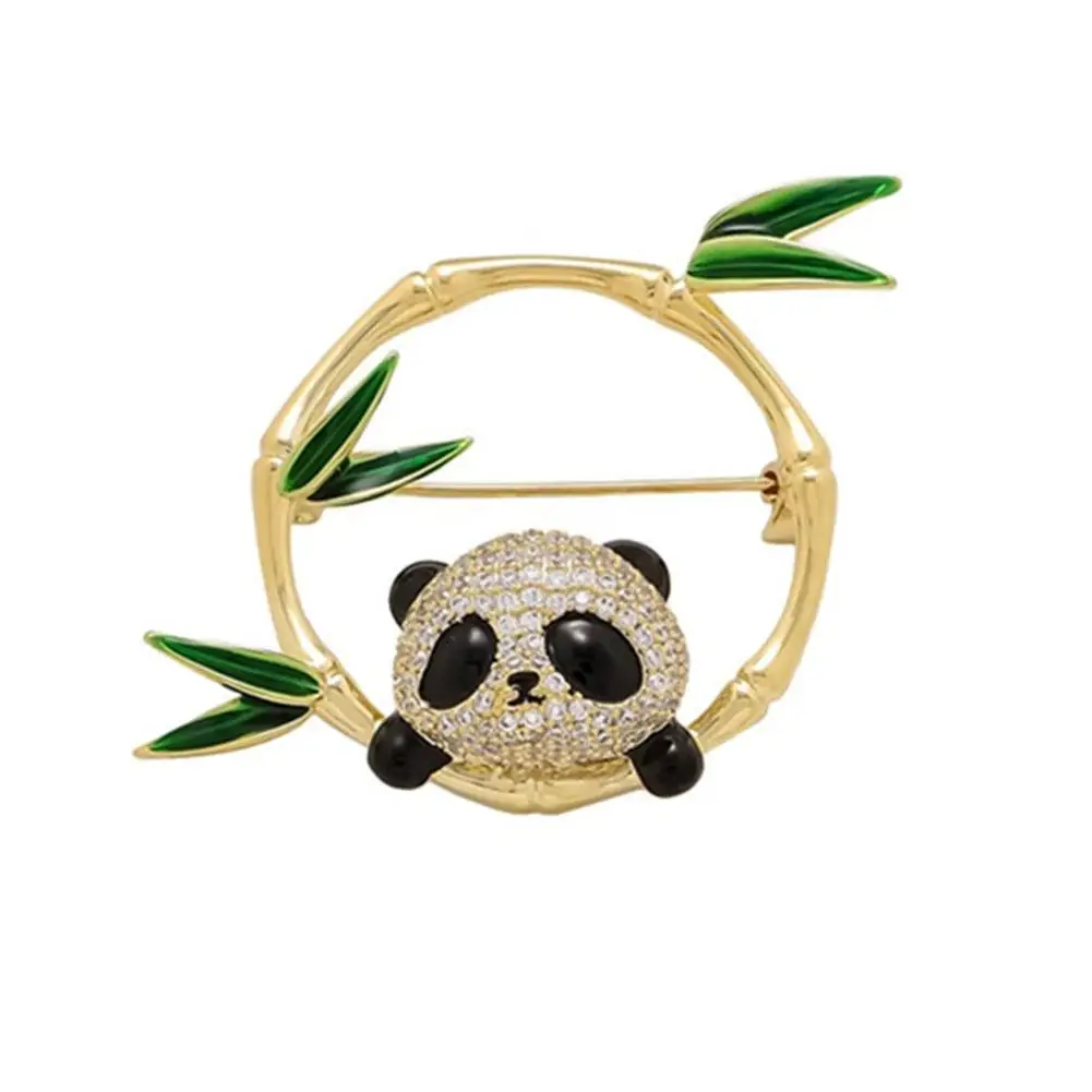 Cute Lovely Panda Bamboo Brooch For Women Girls Enamel Rhinestone Panda Pins Dress Hat Bag Suit Tie Accessories Jewelry Gif W9Z8