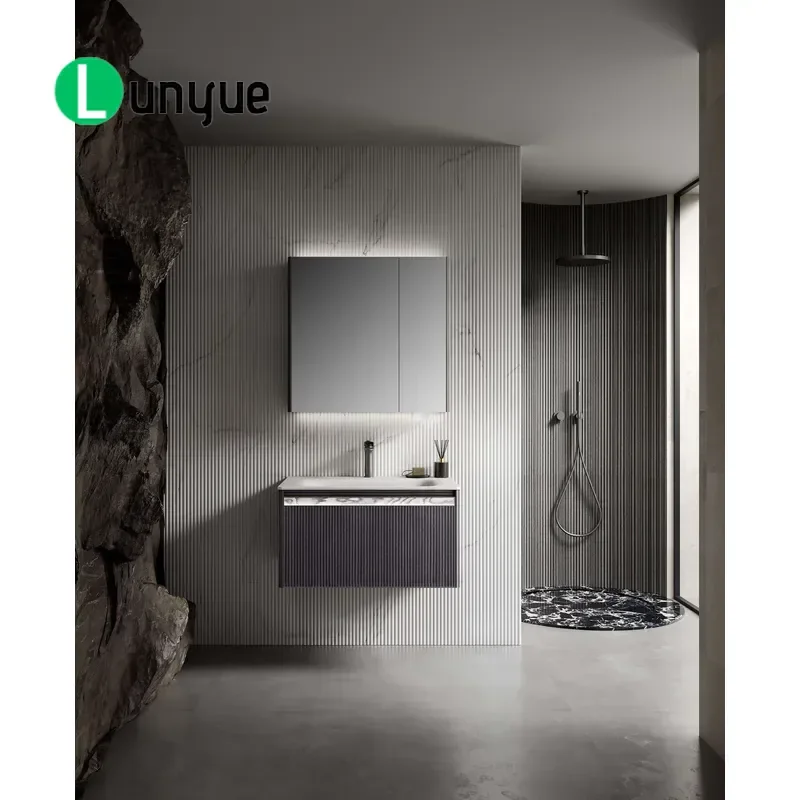 Modern Wall Mounted Stone Basin Bathroom Sink with LED Mirror Water Saving Easy to Clean Paint Finish Simple Design for Home
