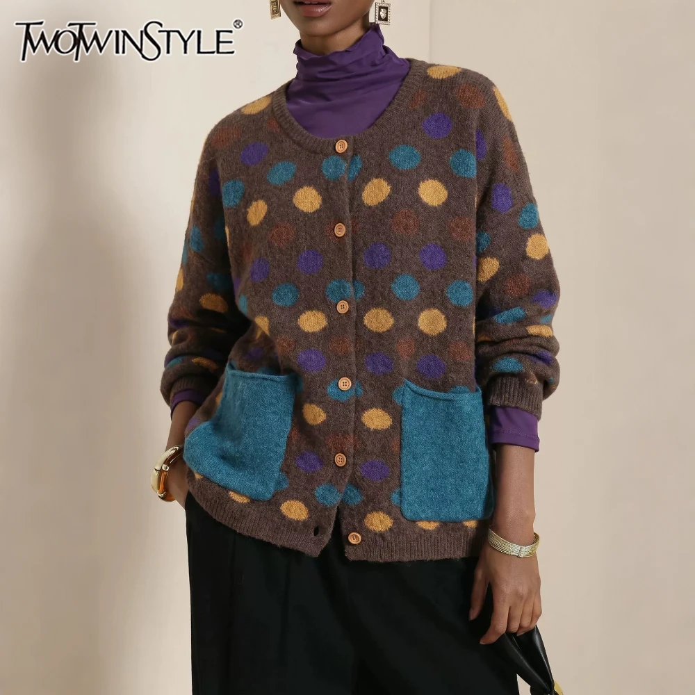 TWOTWINSTYLE Vintage Polka Dot Knit Women Sweaters Round Neck Long Sleeve Loose Fit Sweater for Daily Street Casual Wear Autumn