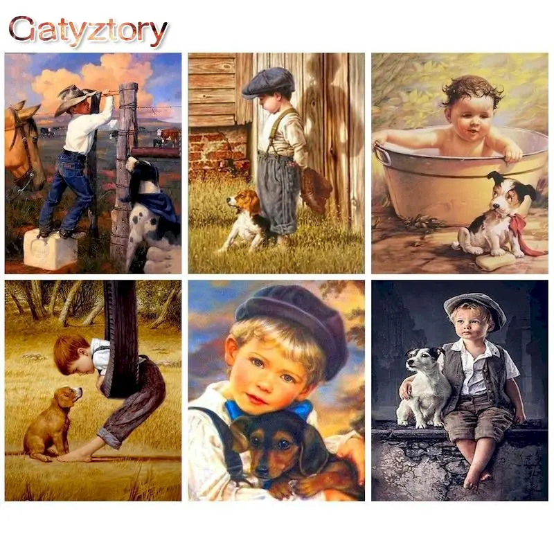 

GATYZTORY DIY Framed Oil Picture By Numbers HandPainted Boys and Dogs Acrylic Paint Color On Canvas Home Wall Painting