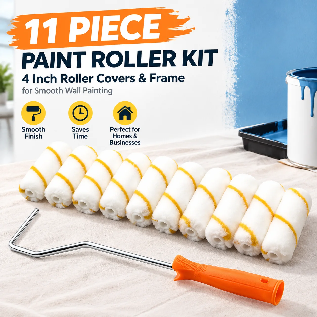 11 Piece Professional Paint Roller Kit with 4 Inch Roller Covers & Frame for Smooth Wall Painting, for Hotel Restaurant Use