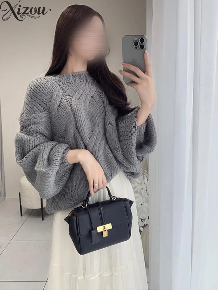 

Женские свитера, топ, осенне-зимний вязаный пуловер, новинка 2025, универсальный повседневный вязаный свободный свитер в японском стиле с круглым вырезом