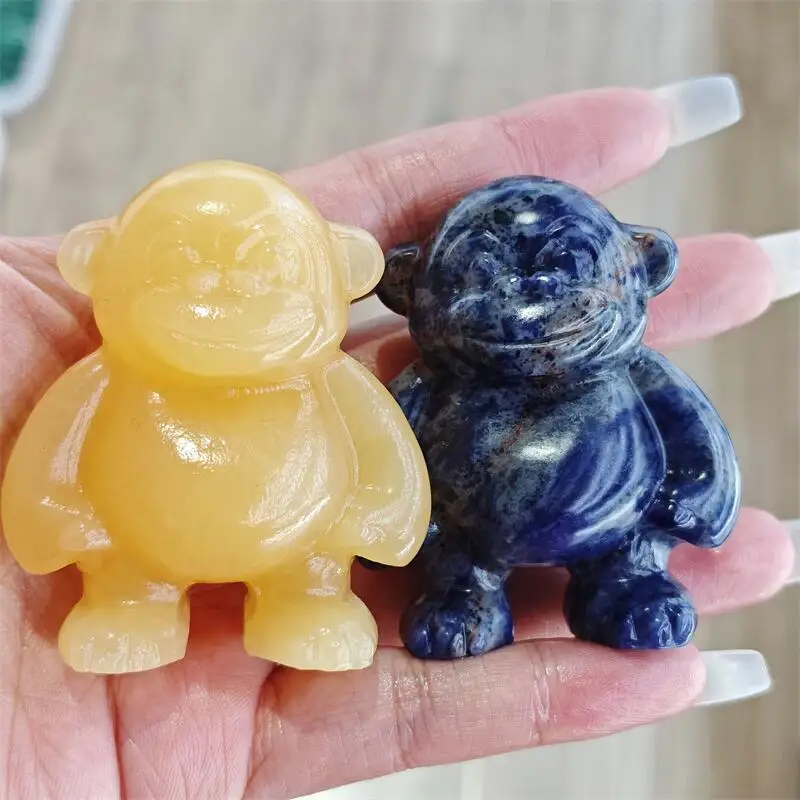 Natural Yellow Calcite Blue Sodalite Monkey Carving Handmade Polished Animal Powerful Statue For Home Decoration Lucky Gift 1PCS