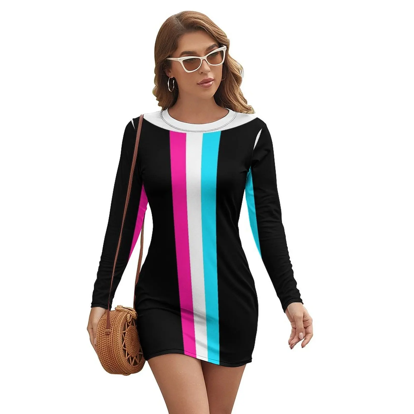 

60s Pink & Cyan Stripe Mod Long-sleeved Dress Summer skirt birthday dress for women Long dress