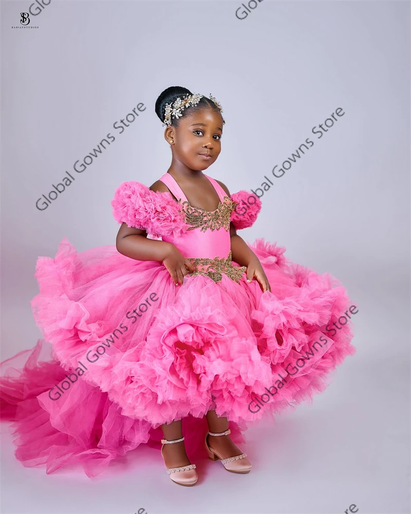 Pink Sweetheart Cute Flower Girls Dress Beaded Crystal Child Princess Gown For Birthday Party Dresses Ruffles Tiered Robe De Bal