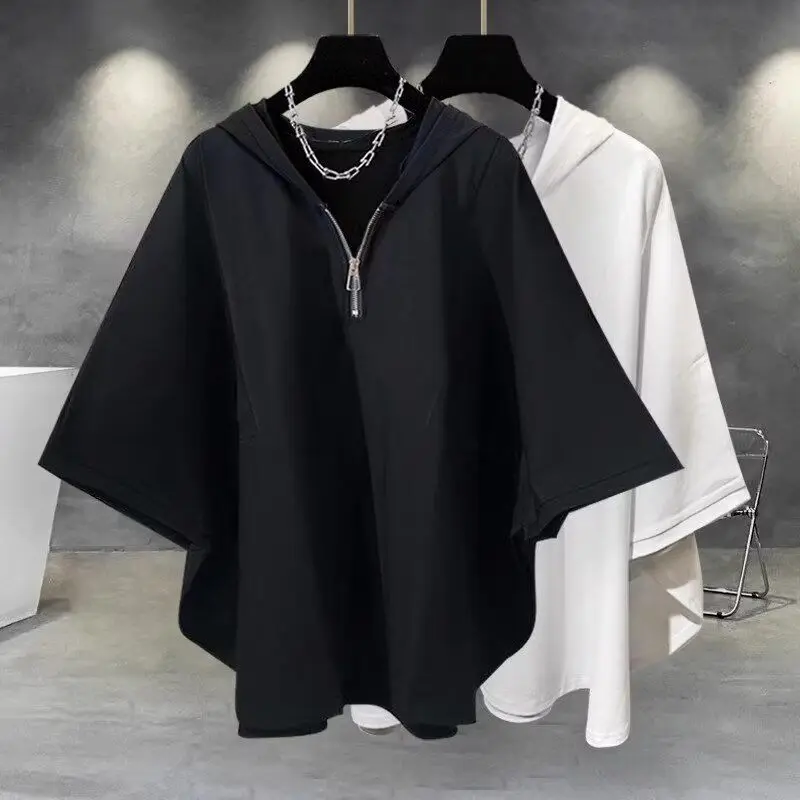 Men's Hooded Loose Zipper Patchwork Tops Summer New Solid Simplicity Plus Size Lazy Style T Shirts Fashion Casual Men Clothing