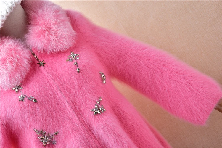 Women Mujer Autumn Winter Clothing Pink Beading Hairy Mink Cashmere Knitted Fur Collar Long Sleeves Loose Cardigans Sweater Coat