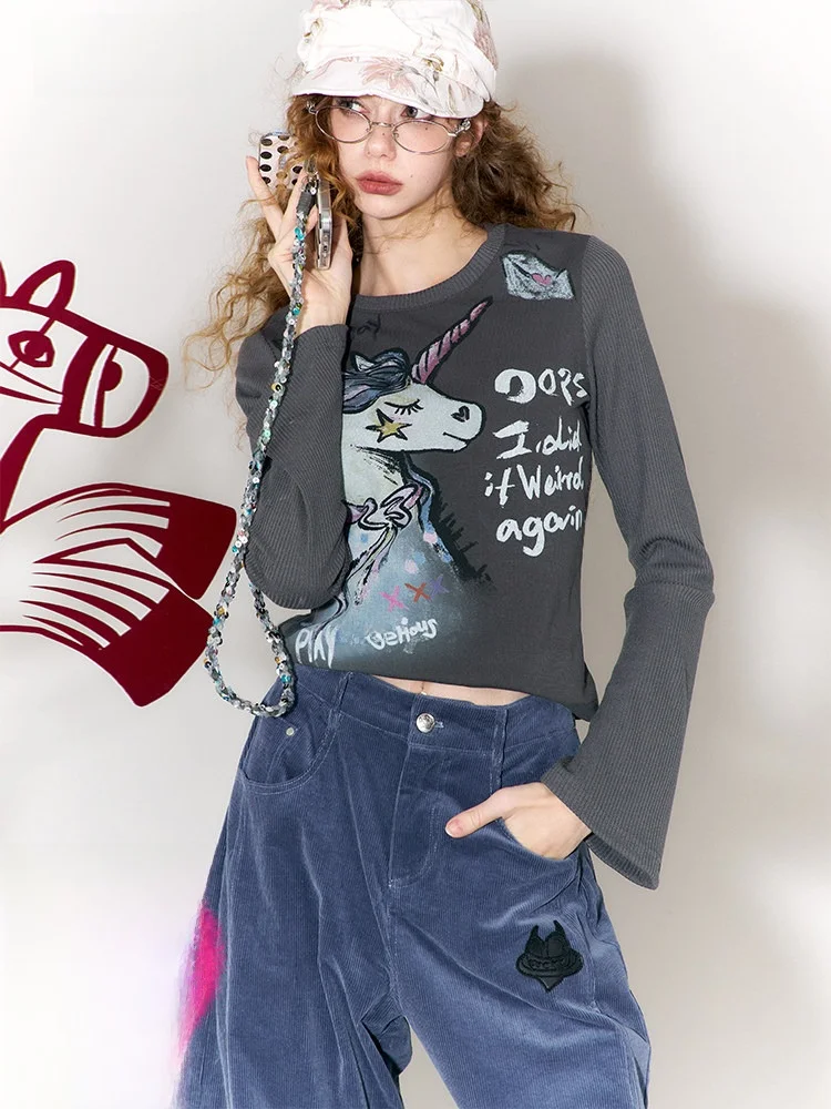 

Элегантная женская футболка с длинным рукавом и принтом Fairy ket Drunken Bell, облегающая, для ранней весны, как нижний слой одежды