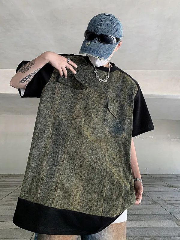 

Retro American Denim oulder Pad T-irt Men's ort Sve Patchwork Design High-End Feeling Cool Youth Knitted Summer Top