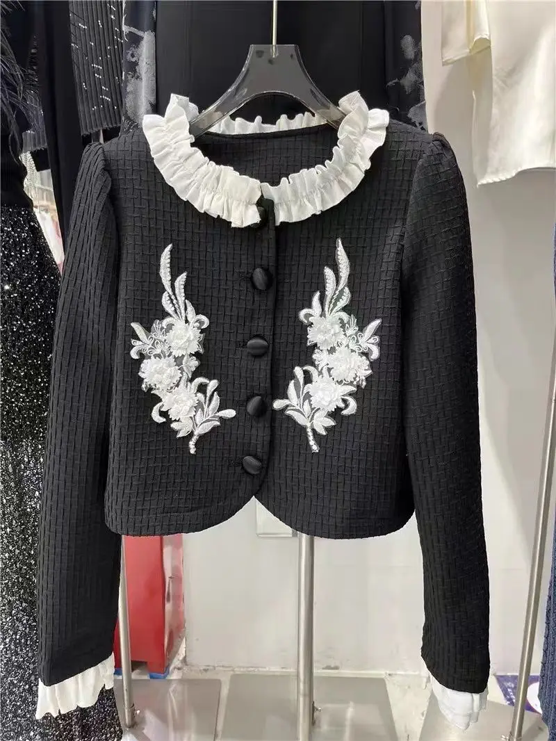 

Luxury Lace 3D Flowers Diamonds Beaded Embroidery Blazers Coat High Waist Bowtie Rhinestones Suits Jacket Cardigan Short Tops