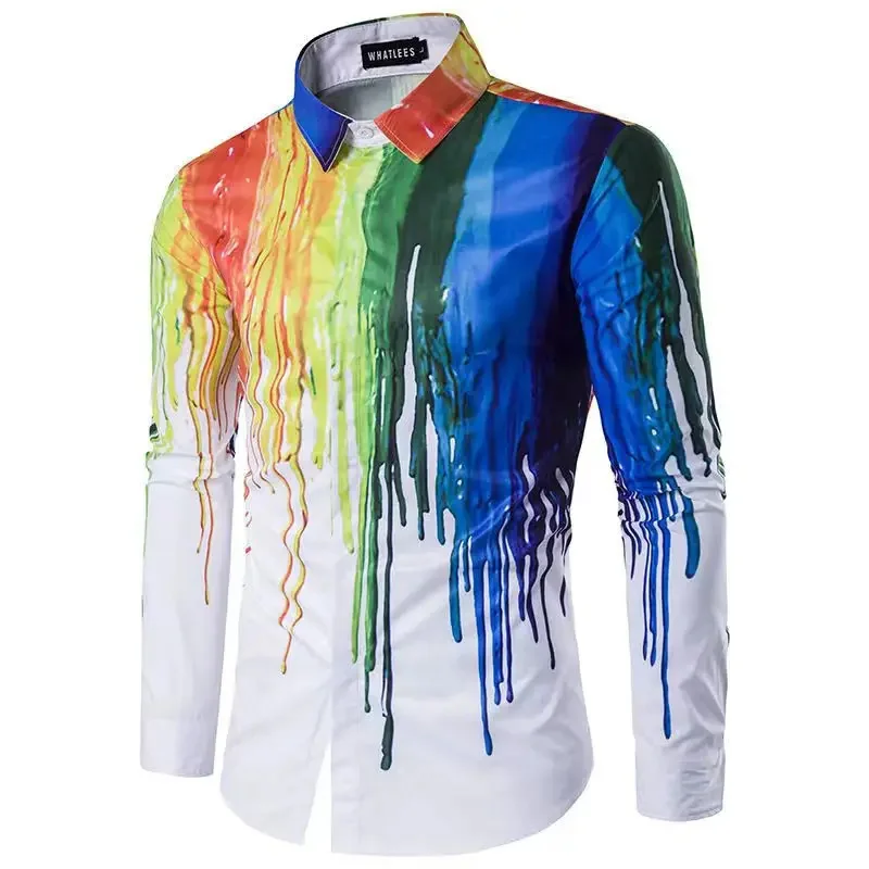 Fashionable formal men\'s long sleeved colorful graffiti printed casual business party holiday shirt