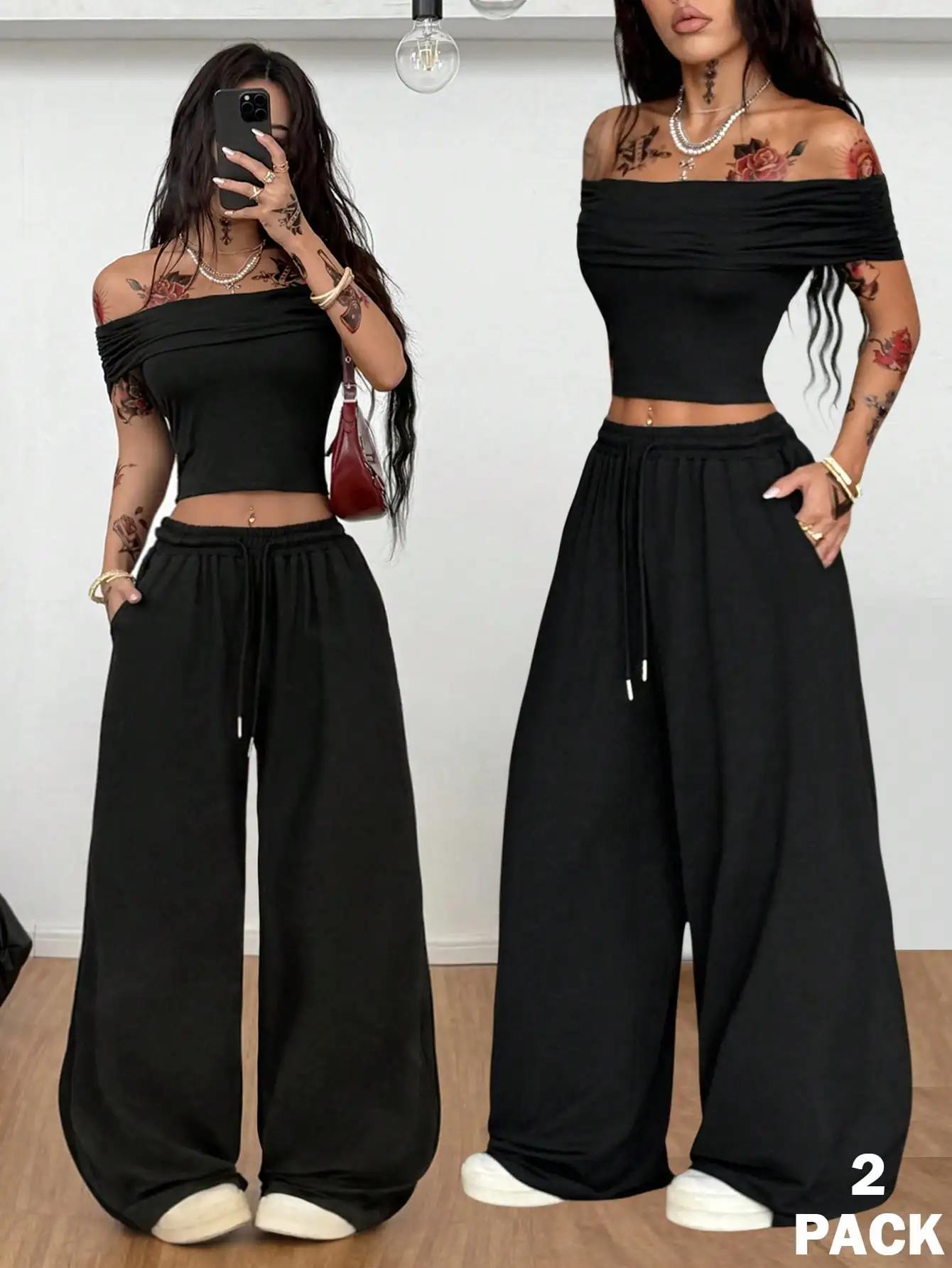 Women's Off Shoulder Crop Top & Wide Leg Sweatpants 2 Piece Set - Y2K Streetwear Casual Outfit