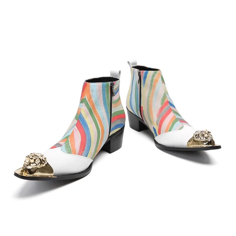 Brand New Colored Stripes Prints Men Boots Luxury Design Metal Decor Pointed Toe Ankle Boots Male Business Party Shoes
