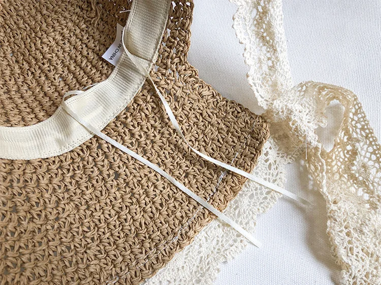 Chapeau de plage en dentelle pour femmes, mode d'été, bord de mer, vacances, protection solaire, chapeau de paille, Shopping, casquette de pêcheur pliable