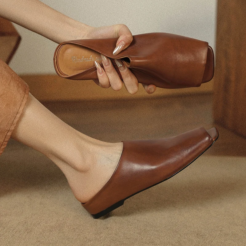 

Fashion Women Elegant Mules Shoes Open Toe Flats Genuine Leather Summer Casual Slippers Office Women Sandals Office Dress 34-40