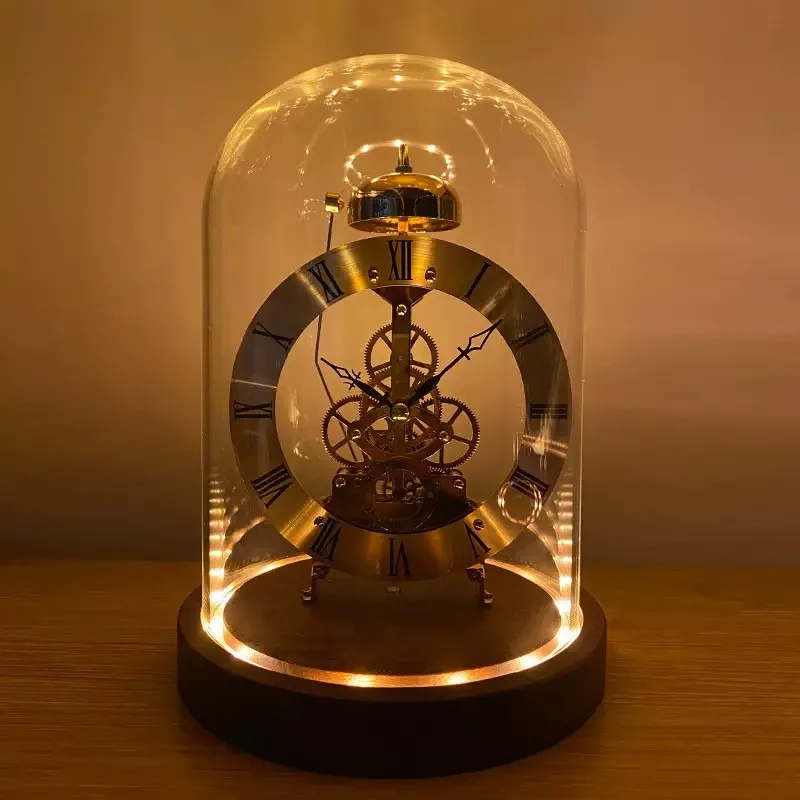 Light luxury high-end seat clock black walnut mechanical  art desk clock luminous European retro metal quartz clock