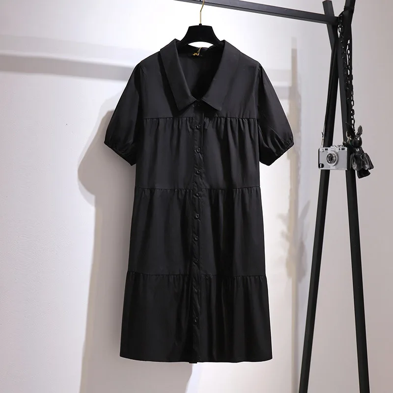 

Plus Size 150Kg Women's Summer Loose Cotton Short Sleeve A-Line Dress Bust 152cm 5XL 6XL 7XL 8XL 9XL Lapel Button Dress Black