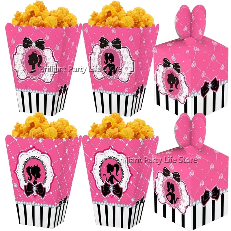 Barnie Popcorn Boxes for Girls Party Decor Candy Snacks Gift Boxes Tableware Sets Pink Baby Shower Birthday Party Decorations