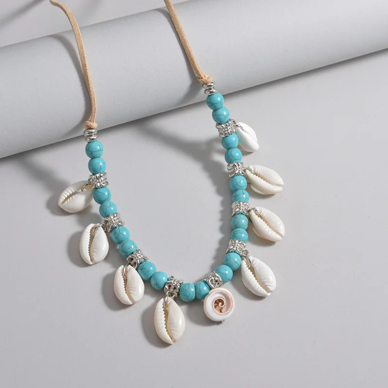 Bohemian Ethnic Style Shell Pendant Turquoise Beaded Flannel Woven Adjustable Necklace Unisex Wholesale