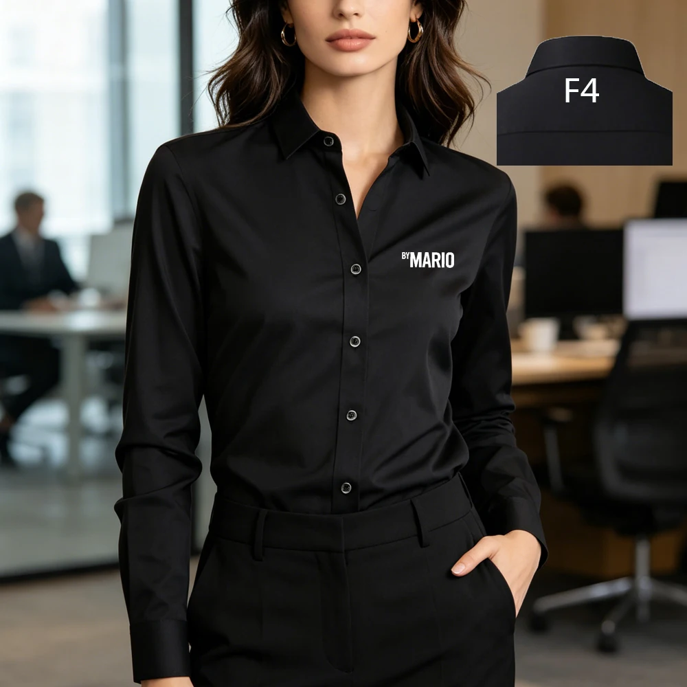

Unisex Business Casual Shirt Front BY MARIO Print Back F4 LOGO Long Sleeve Slim Fit Wrinkle Formal Office Daily Shirt for Women