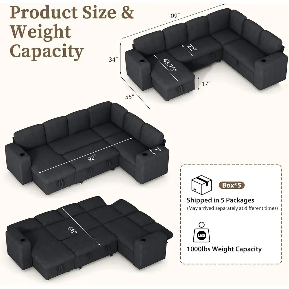 أريكة نوم على شكل حرف L مع سرير قابل للسحب، وأريكة سحابية ذات 6 مقاعد، ومنافذ تخزين ومنفذ USB، ومسند ظهر قابل للتعديل (صوف صديق للبيئة، رمادي)