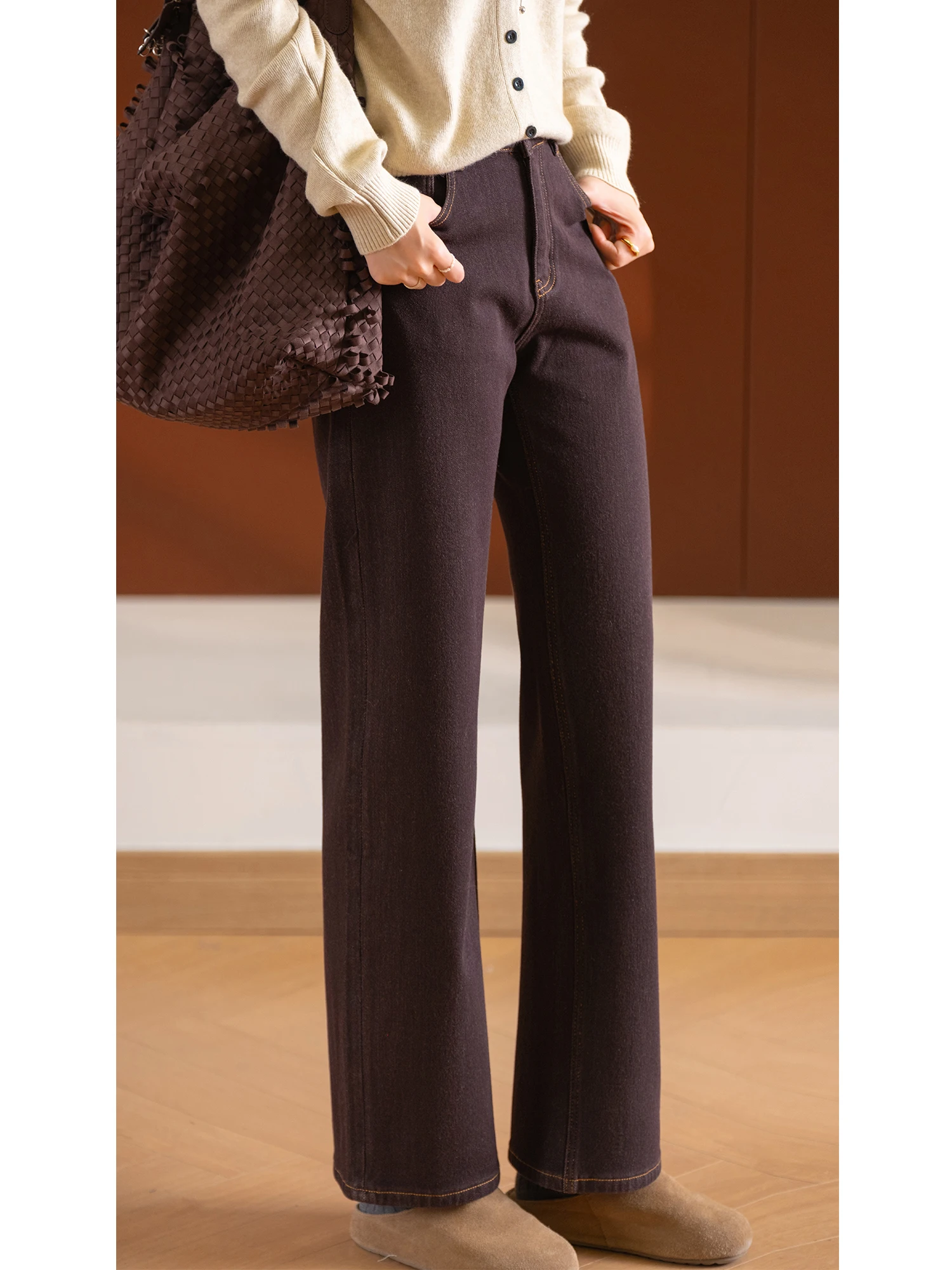 

Женские джинсы Fce Lined с четырехсторонним стрейчем, эффектом меха белки, на пуговицах, с одним карманом, прямого кроя, повседневные