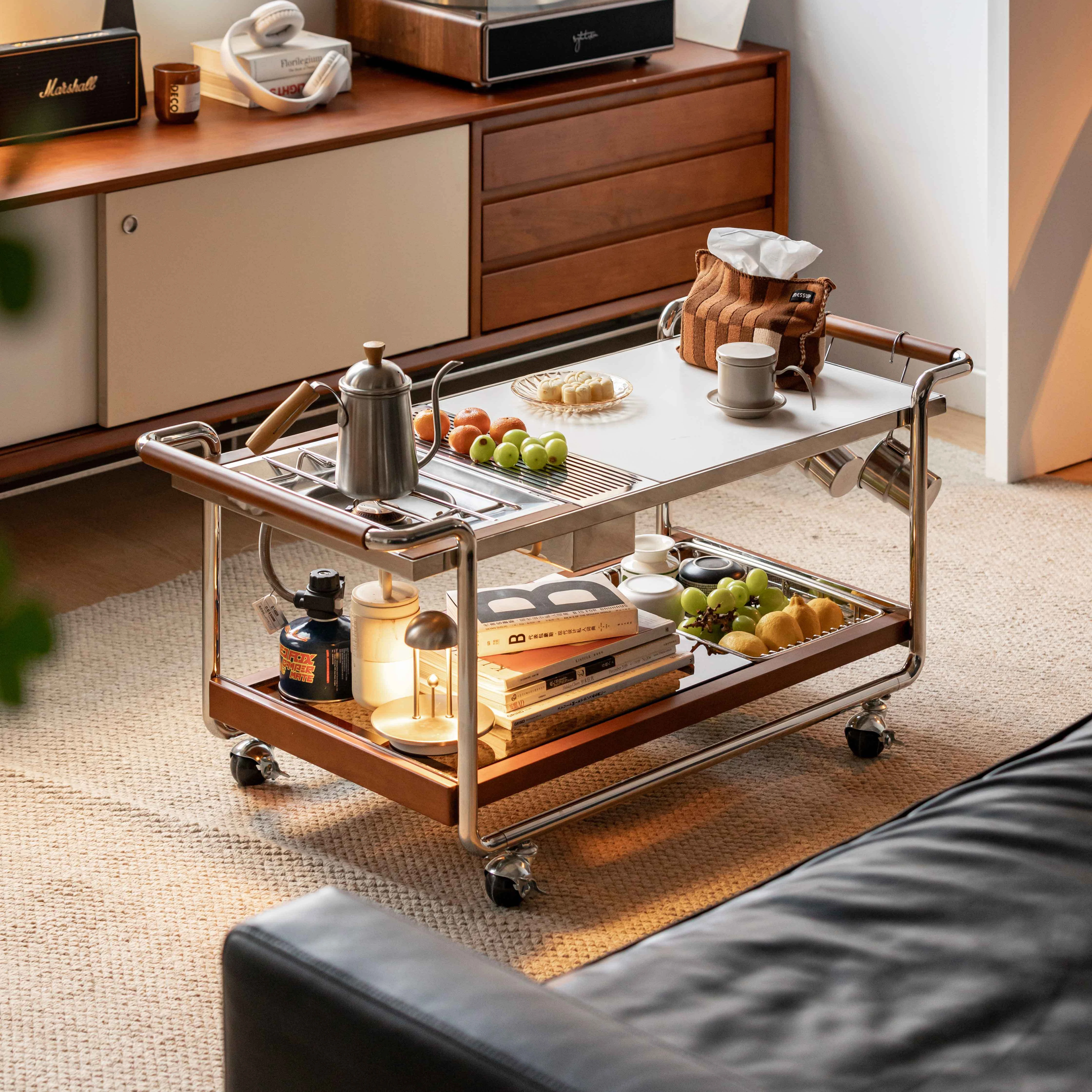 

Japanese Style Sintered Stone Tea Table Solid Wood Movable IGT Camping Table with Wheel