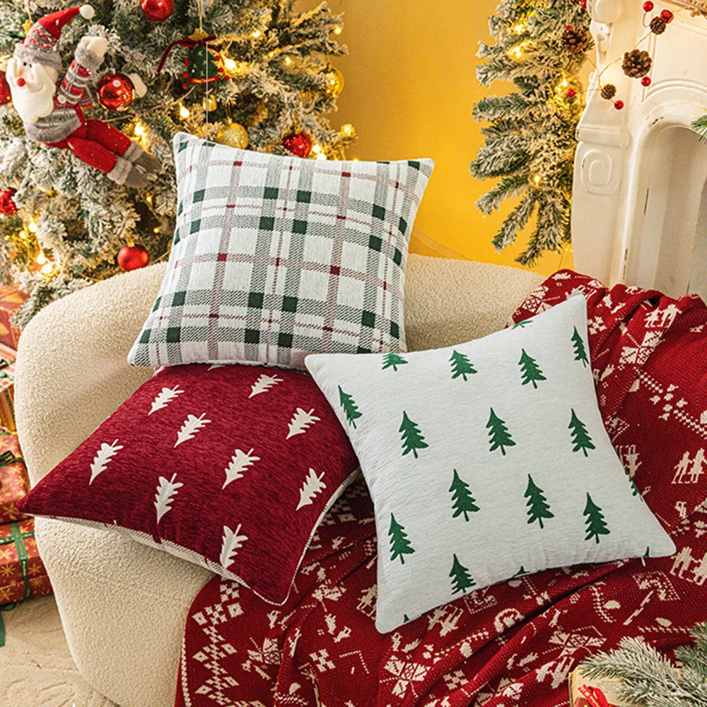 

Christmas Tree Jacquard Pillowcase Double-Sided Stitching Colours Chenille Pillow Cover Christmas Atmosphere Decor Cushion Cover