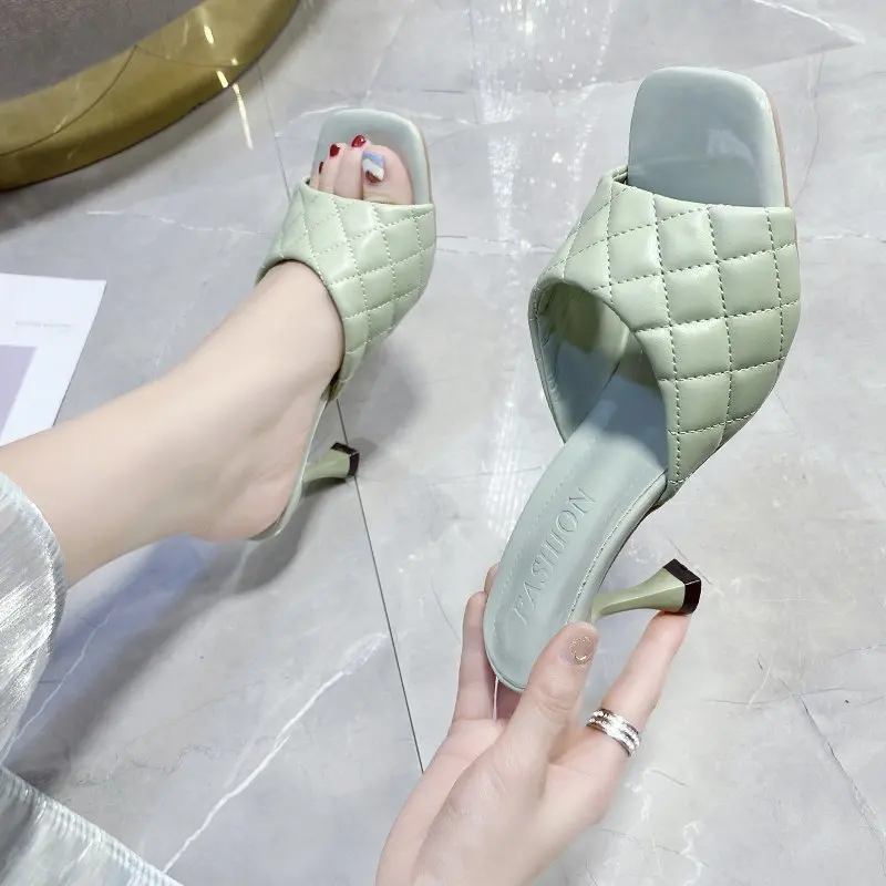 2022 New Summer Women\'s Slippers Open-toe Sandals Sexy Thin Heels Women Slippers Personality Sewing Square Head Slippers Women