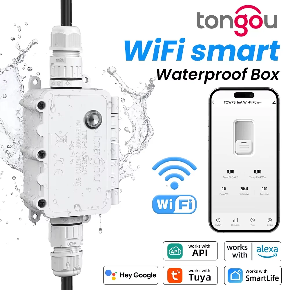 

Tuya TONGOU WiFi Smart IP67 Waterproof Switch - Power Display, 1-16A Adjustable, Timer, Voltage & Current Protection