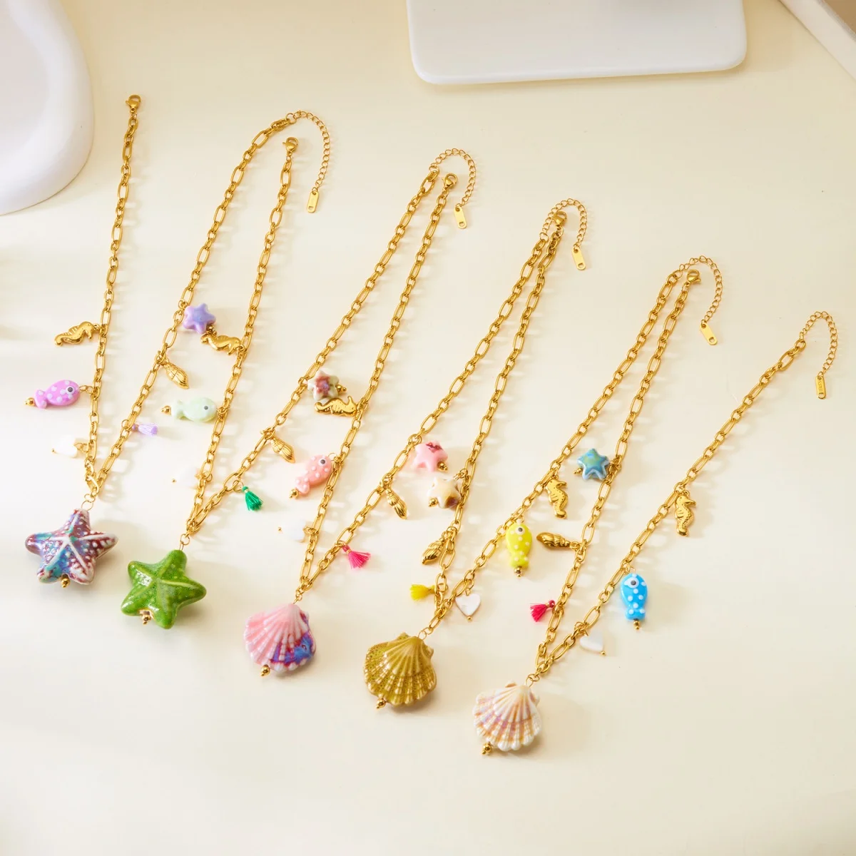 Edelstahl Keramik Shell Seestern Anhänger Halskette Für Frauen Männer Nette Metall Conch Seepferdchen Fisch Tier Halsband Strand Schmuck