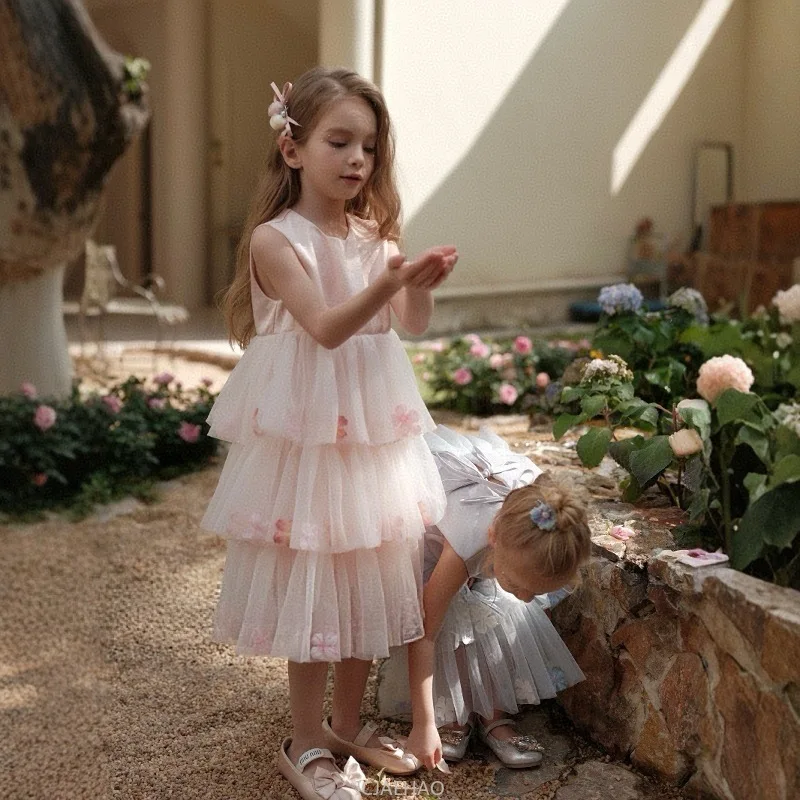 

Новинка 2023 года, тюлевое платье с цветочным принтом для девочек, праздничное платье принцессы, детская одежда без рукавов на день рождения, детский летний костюм