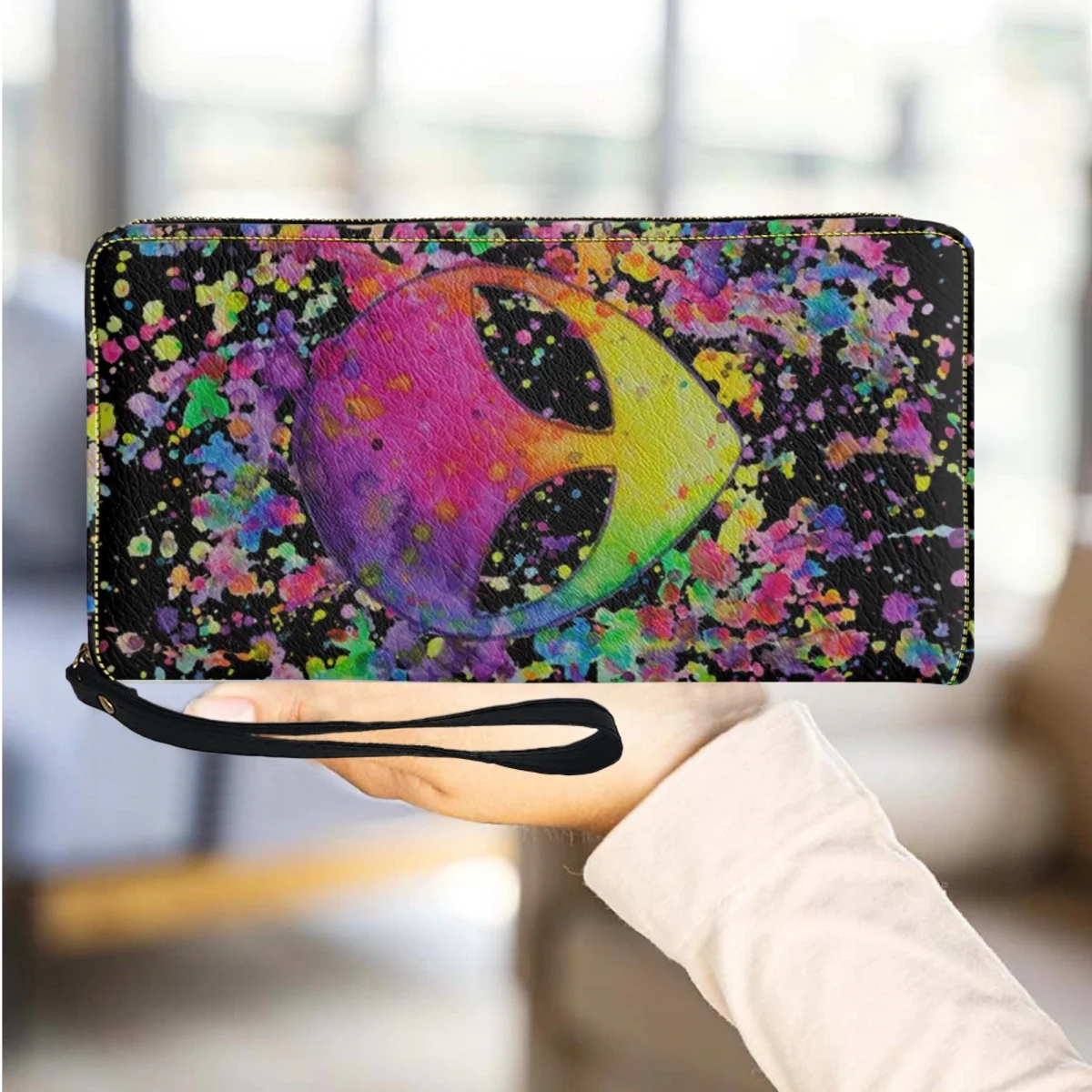 Leather Wallets for Women Purse Cartoon Alien Design Wristlet Clutch Cell Phone Wallet Woman Casual Long Change Case Female Bag