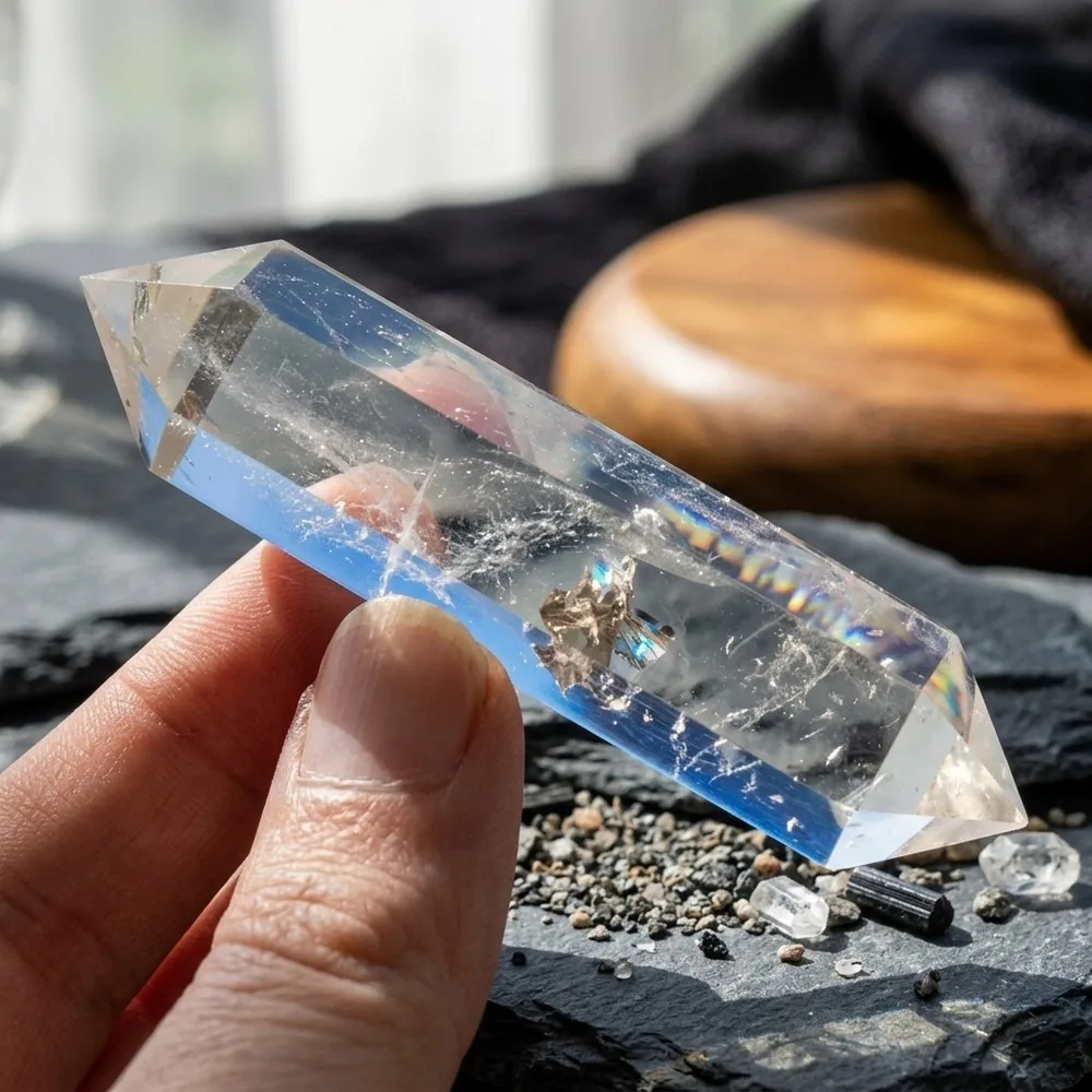 6 Faceted Clear Quartz Crystal Double Point Wand, Reiki Healing Tower Specimen, Natural Gemstone Column for Chakra