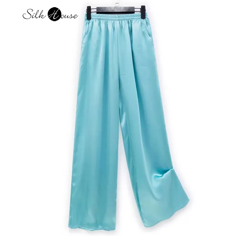 

2024 New 100% Natural Mulberry Silk Plain Satin Smooth Women's Fashionable Lake Blue Casual Straight Leg Pants