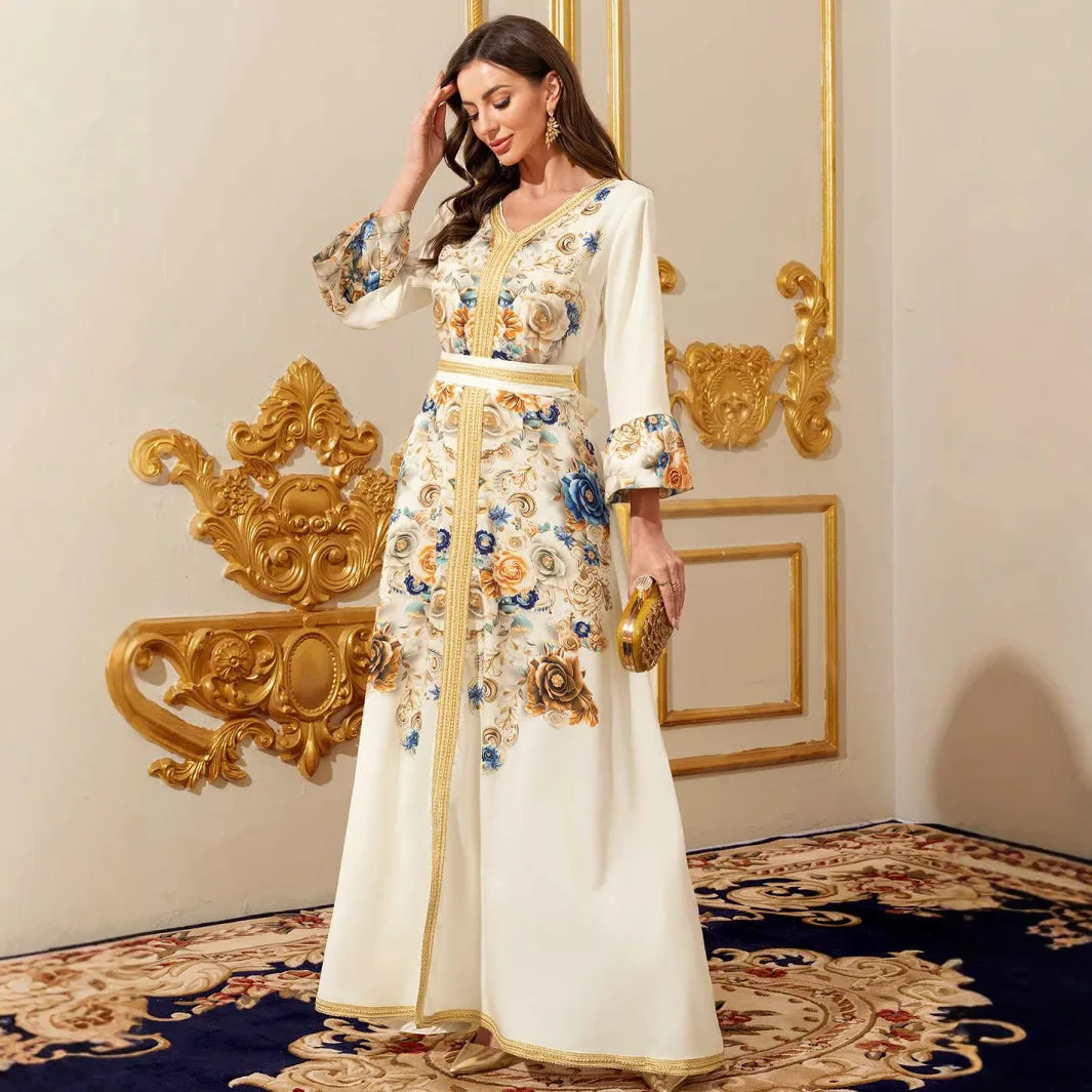 Muslimische Kleider Frauen Türkische Druck Abaya Schärpen Jalabiya Ramadan Islam Vestidos Arabischen Party Lange Robe Marokko Dubai Abayas Kaftan