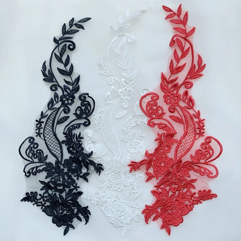 Gestickte Spitzenblume für Hochzeitskleid, DIY-Applikationsmaterial, Elfenbeinweiß, Rot, Schwarz, Polyester, 1 Paar