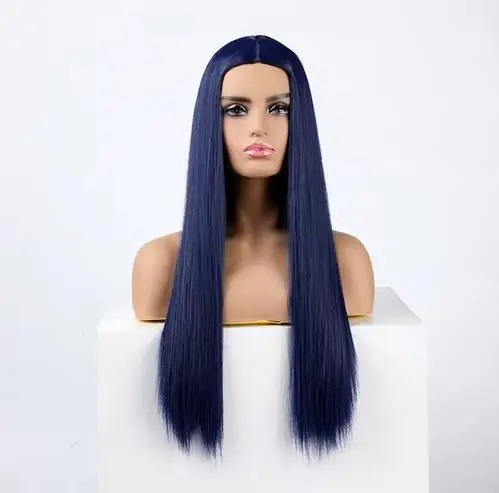 Peruca de cabelo sintético azul escuro feminino, peruca longa cosplay, resistente ao calor, nova moda, azul marinho