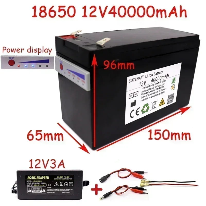 Novo display de energia 12v40a 18650 bateria de lítio é adequado para energia solar e bateria de veículo elétrico + carregador 12.6v3a