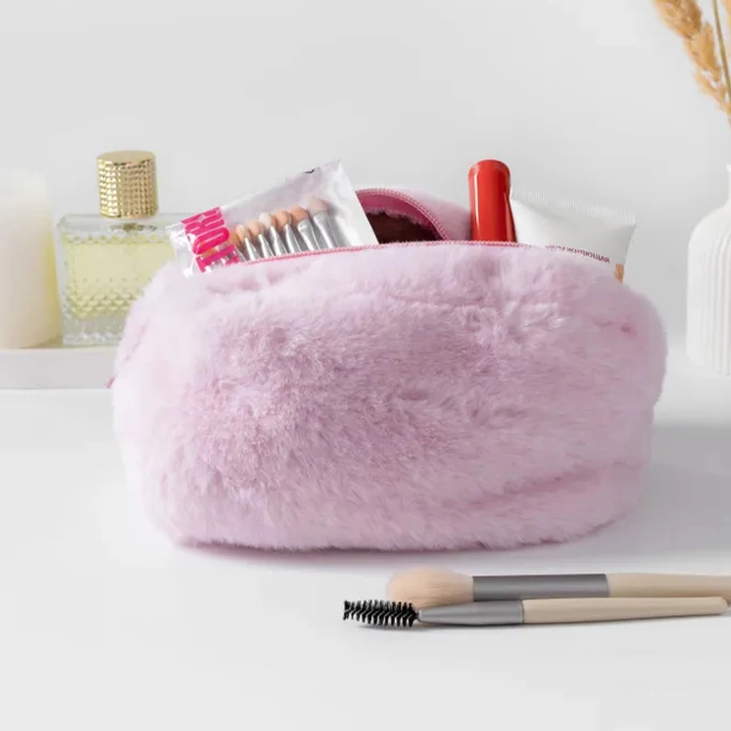 

New Solid Color Plush Pencil Case Tote Bag Candy Colored Portable Sweet And Soft Makeup Bag