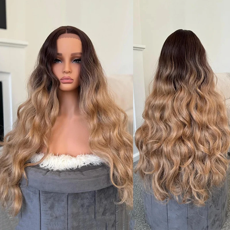 Ombre Honey Blonde Brown Soft Wavy Wig 180Density Thick Lightweight Lace Front Wig For Black Women With Babyhair Glueless Daily