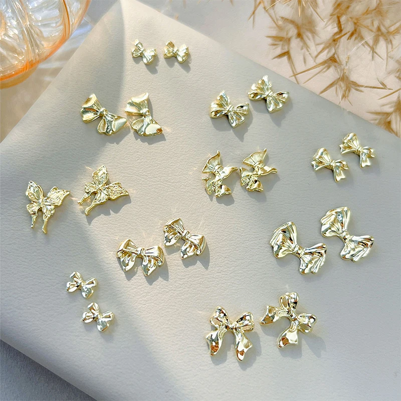 10Pcs 3D Bow Tie Ribbon Shaped Alloy Nail Accessories Gold Multi-Designs Nail Art Jewelry Rhinestones Decorations Manicure Charm