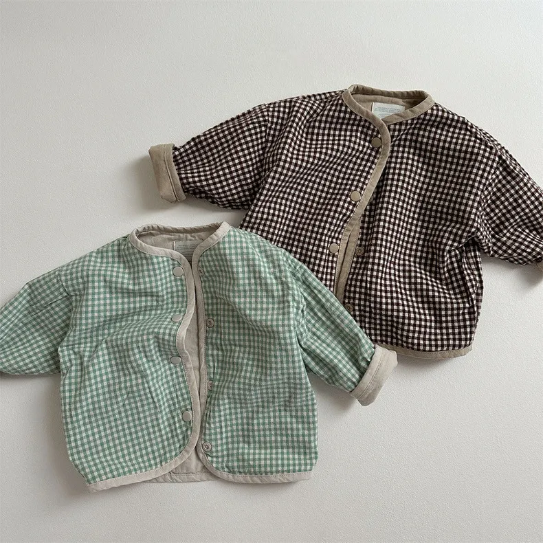 2024 Autumn New Baby Reversible Coat Cotton Infant Girl Long Sleeve Plaid Cardigan Toddler Boys Casual Jacket Children Clothes