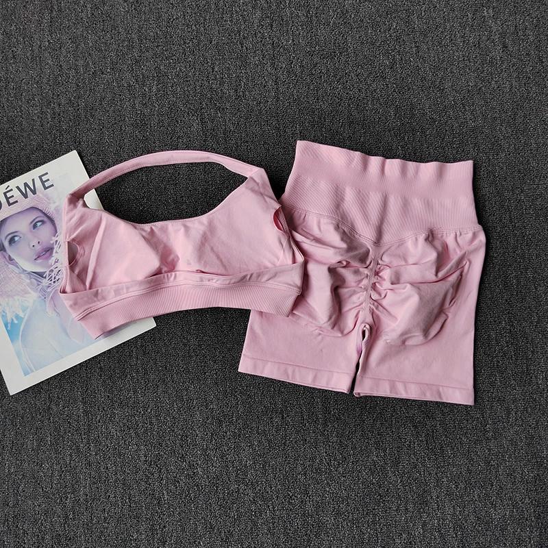 2PCs Peach High Waist Belly Hip Lifting Sports Bras Shorts Suit Gathering Shock… - Image 4