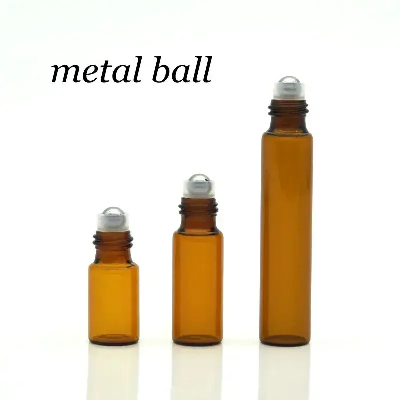 Botella de vidrio fino ámbar para pruebas de muestras, viales de aceite esencial con rodillo de Metal/Bola de vidrio, 20/50 piezas, 1ml, 2ml, 3ml,