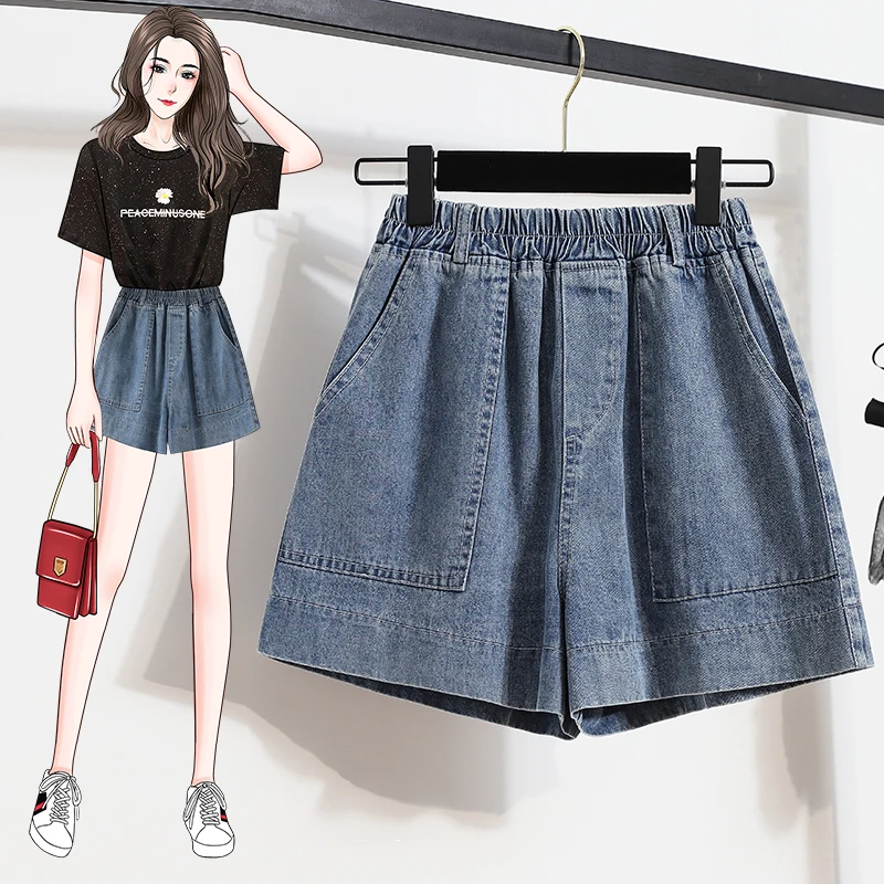 

2024 Women Summer New Loose A-line Denim Shorts Female High Waist Pockets Clothing Ladies Solid Color Loose Short Pant K05