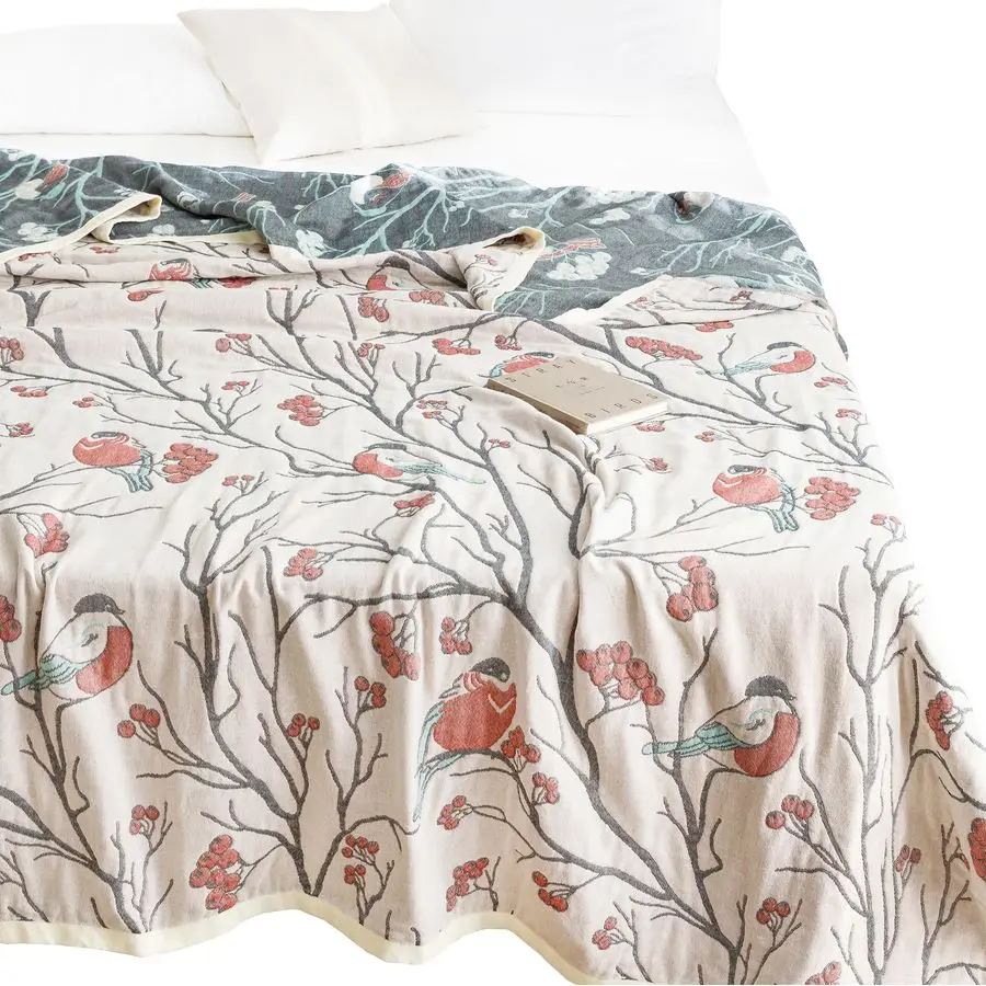 

Magpie on Hawthorn Tree 100 Cotton Muslin Blanket Throw Cover for Bed Couch Sofa Cozy Soft Reversible Bedding Blanket Bedspread