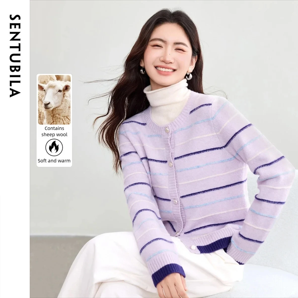 

SENTUBILA женский кардиган в радужную полоску, шерстяной свитер, осень 2022, вязаное пальто с жемчужными пуговицами и круглым вырезом, длинными рукавами W53EB3510